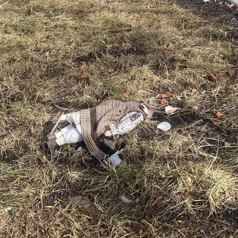a porcelain doll with a shattered head lying in the grass